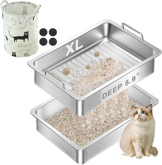 Stainless Steel Sifting Cat Litter Box for Clumping Clay Litter,Large Metal Litter Box with Litter Bag,Sifting Tray and Handle for Easy Lifting, Odor Control (23.6"x15.7"x5.9")