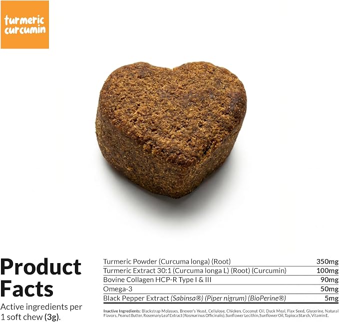 Turmeric for Dogs 90 Soft Chews - Joint, Anti-Inflammatory & Collagen | Turmeric with Curcumin, BioPerine, Collagen & Fish Oil. Supports joint health & eases inflammation and promotes mobility.