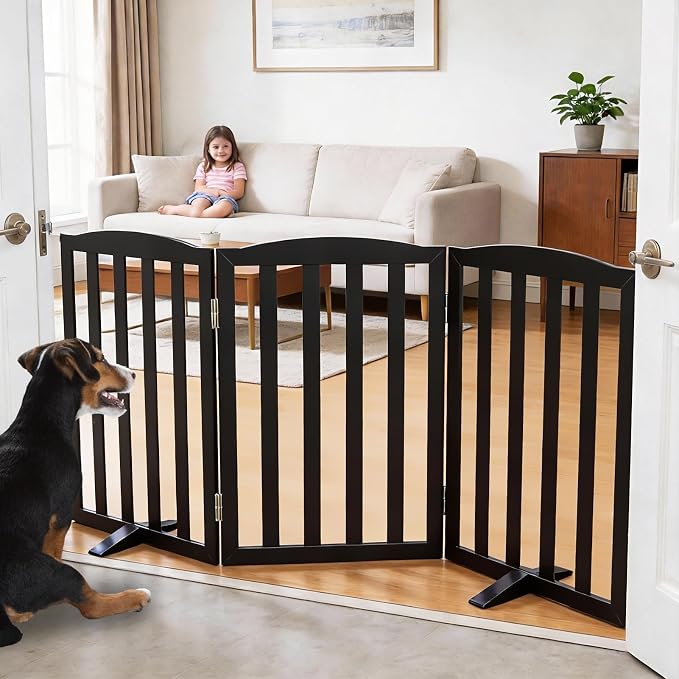 ZJSF Foldable Freestanding Indoor Dog Gate for House Wood Long Pet Gates Dog Fence for Stairs Puppy Gates for Hallways, Puppy Gate,Support Feet Included, Black, 32 "Height-3 Panels