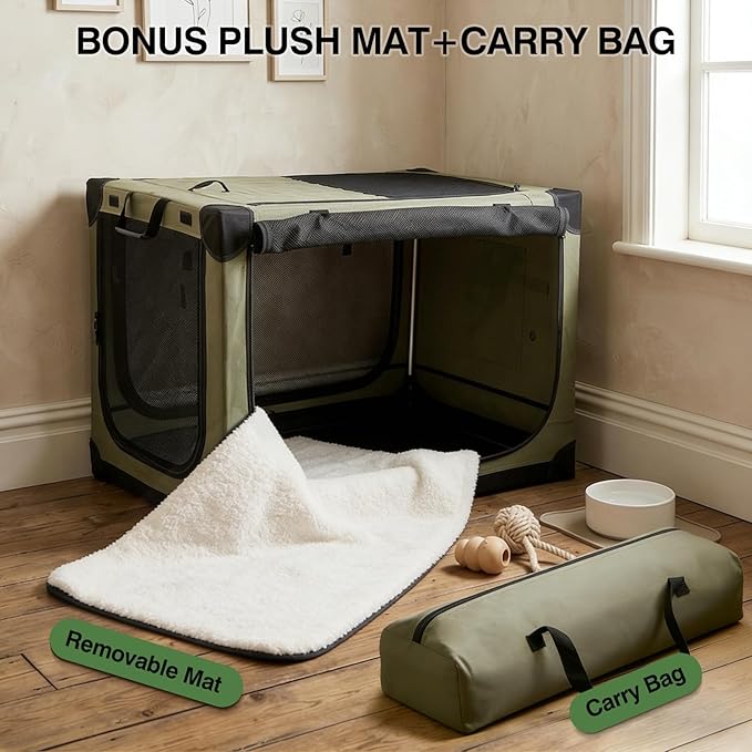 Veraste 24" L x 17" W x 17" H Collapsible Travel Dog Crate, Portable Soft Dog Kennel for Small Medium Pets up to 30 lbs, 4-Door Foldable Travel Crate with Durable Mesh & Storage Bag, Green
