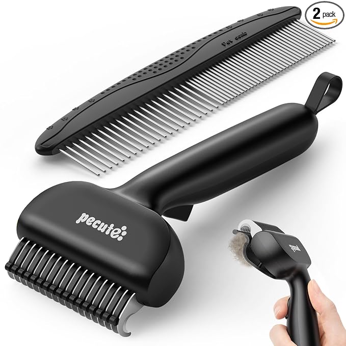 Pecute Self-Cleaning Undercoat Rake for Dogs Cats with Thick Double Coats | 1-click clean, 304SS, 18 rounded teeth, For seasonal heavy shedding & matting, Gentle on pets, Ideal for long/dense coats