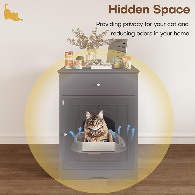Litter Box Enclosure, Hidden Cat Litter Box Cabinet with Drawer, Wooden Pet Crate, Litter Box Furniture as Cat House, End Table, Fit Most of Litter Box (Brown)