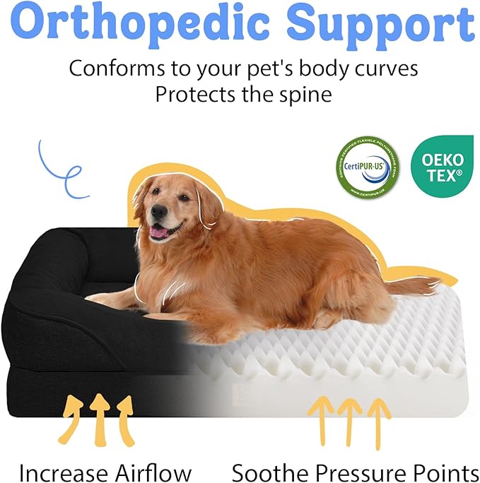 Chez Paw XXL Orthopedic Dog Bed for Extra Large Dogs, Extra Thick Egg-Crate Foam Waterproof Pet Couch with Removable Washable Cover, 4-Sided Bolster & Non-Slip Bottom, Black 45"x35"x7.5"