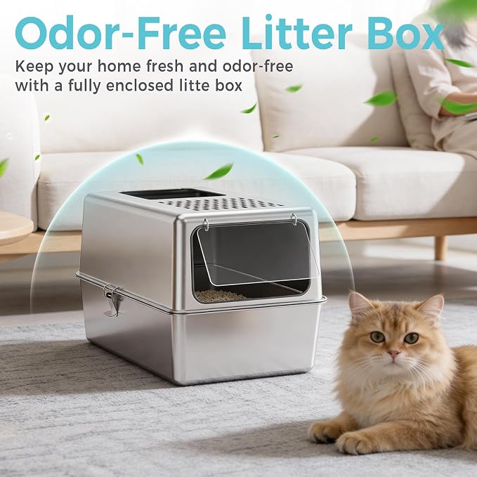 Large Enclosed Stainless Steel Litter Box with Lid, 19.7"x13.8"x13.8" High Sided Metal Cat Litter Box for Indoor Cats, Covered Dog Proof Kitty Litter Pan, Odor Free Tray, Non Sticky, L