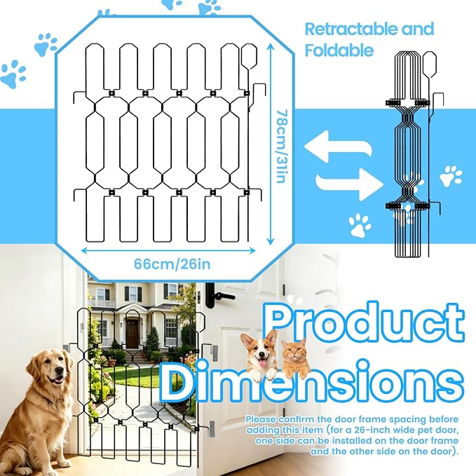 Retractable Dog Gate for Front Door, Bite-Proof Metal Pet Dog Barrier, Foldable Space-Saving Wall-Mounted for Front Door & Rv, Easy Install Dog Gate, Indoor/Outdoor (W: 26in H: 31in)