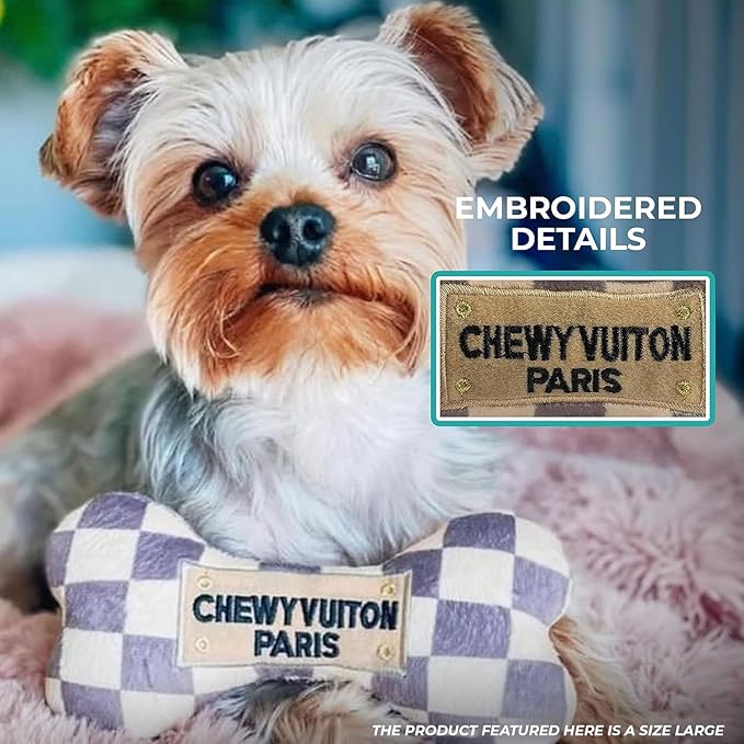 Haute Diggity Dog Chewy Vuiton Bone & Handbag Plush Squeaky Dog Toys, Soft Durable Designer-Inspired Stuffed Puppy Chew Toys for Medium & Large Dogs, Machine-Washable (Tan Checker) Large 2 Pcs