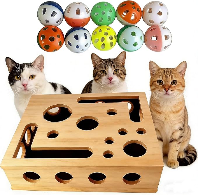 Cat Scratch Puzzle Enrichment Maze Box Wooden Nail File with Bell Ball Sandpaper Inside, Stress-Free Alternative to Nail Clippers and Grinders, for Cats that Hate Nail Trimming (Style-A)