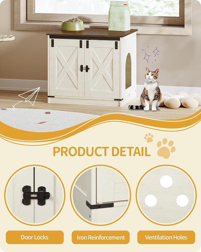 Hzuaneri Cat Litter Box Enclosure, Hidden Litter Box Furniture with Removable Dividers, Reversible Entrance Left or Right Side, Cat House, Rustic White and Brown CB84514X