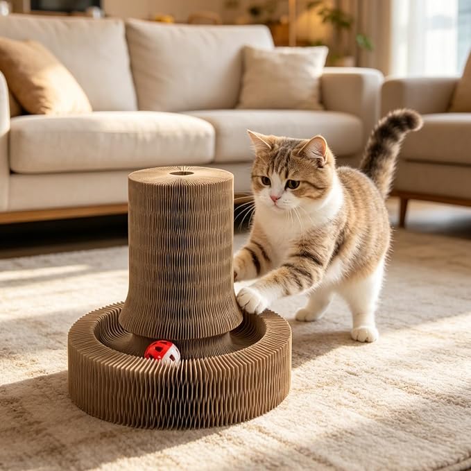 Coppthinktu Cat Scratcher, Interactive Cat Toys for Indoor Cats, Foldable Accordion Cardboard Scratching Board with Bell Ball, Cat Toy for Kitten Play, Chase & Exercise