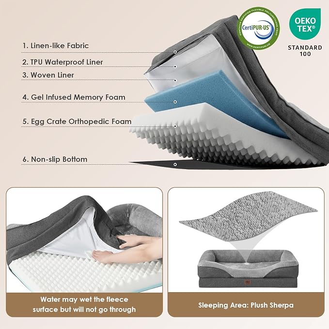 EHEYCIGA Orthopedic XL Dog Bed for Large Sized Dog, 48x35 Inch Extra Large Memory Foam Dog Couch Bed with Sides, Waterproof Liner & Washable Removable Cover, Bolster Pet Sofa, Grey