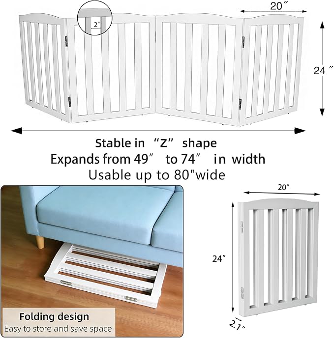 Freestanding Dog Gate Indoor,Doggie Gate Foldable Pet Gates for Doorways,Stairs or Hallways, Wooden White Pet Gate for the House, Pet Fence,24 "Height-4 Panels