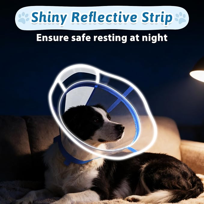 Dog Cone Collar, Clear Recovery Cone to Stop Licking, Adjustable Depth for Large Dogs, E-Collar with Reflective Strip for Night Visibility After Neuter Blue XXL