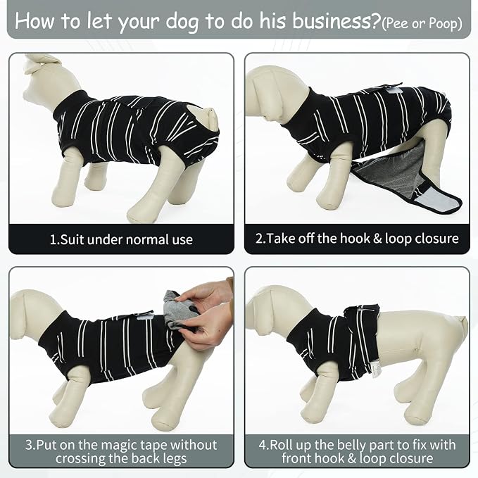 Kuoser Dog Surgery Recovery Suit, Soft Breathable Dog Recovery Suit for Female Spay Male Nueuter, Anti Licking Puppy Onesie Pet Surgical Suit for Dogs Abdominal Wounds Skin Disease, Black Strips XS