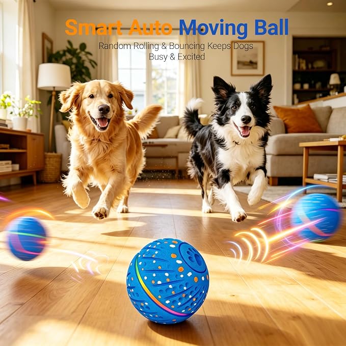 Interactive Dog Ball Toy for Small Medium Dogs – Automatic Rolling, Bouncing & Moving Dog Toy with LED Lights, 2-in-1 Fetch Toy, Durable E-TPU, USB Rechargeable (2.8” Blue)
