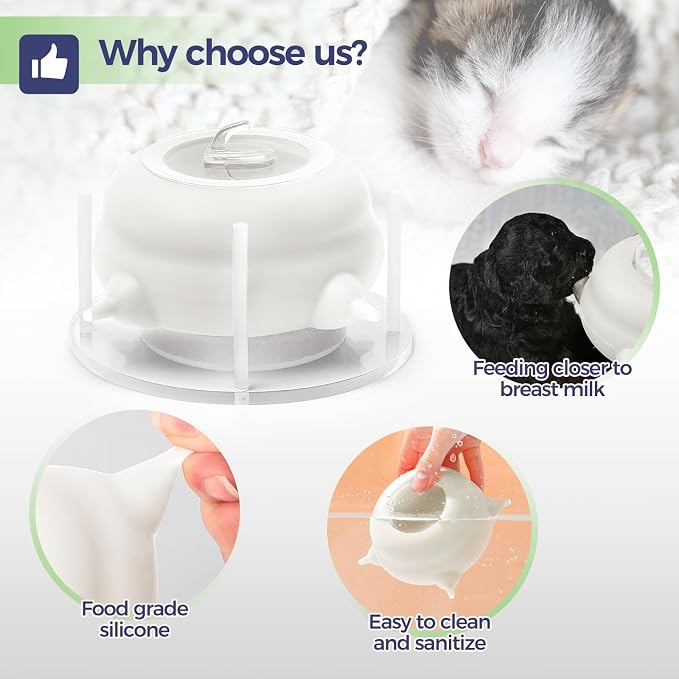 400ml Silicone Multi-Pet Milk Feeder, with 5 Nipples(White) | Feeds 5 pets at once! Silicone, Stable base, Smooth milk flow. Leak-proof needles seal unused nipples. Includes syringe.