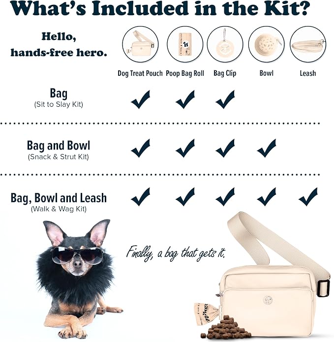 Puppington 3-in-1 Crossbody Dog Walking Bag & Treat Pouch for Pet Training - Matching Compostable Poop Bags, Built-In Poop Bag Dispenser & Slow-Feeding Travel Bowl (Vanilla Cream)