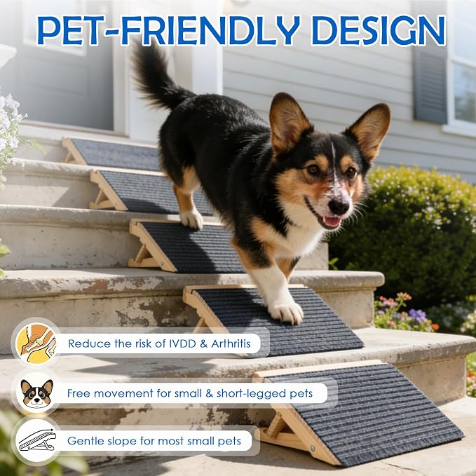Adjustable Dog Ramp for Stairs, Foldable Wooden Dog Steps Anti-Slip | 3 Pack, Switch 4.3" or 5.5" Height, No Assembly, Gentle on Joints, for Senior & Injured Dogs, Natural Wood, 170 lbs