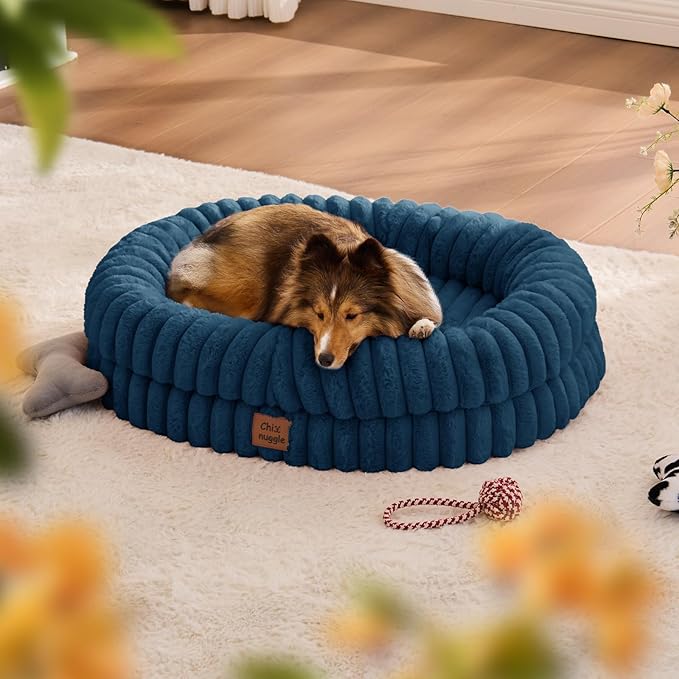 ChiXnuggle Orthopedic Dog Bed for Medium Dogs, Waterproof Faux Rabbit Fur Dog Couch with Egg Crate Foam Support and Washable Removable Cover, Bolster Pet Sofa with Non-Slip Bottom, 30x24x7, Navy