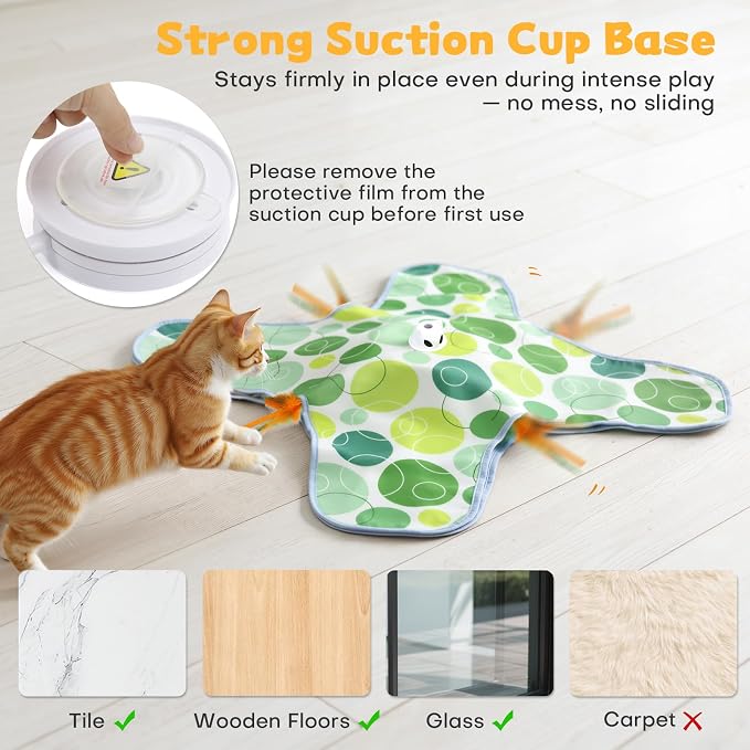 Interactive Cat Toys for Indoor Cats, Hide and Seek Cat Toy, 2 in 1 Automatic Moving Concealed Feathers Cat Toy Mat, Non-Slip Suction, Touch Activated, USB Rechargeable, Green