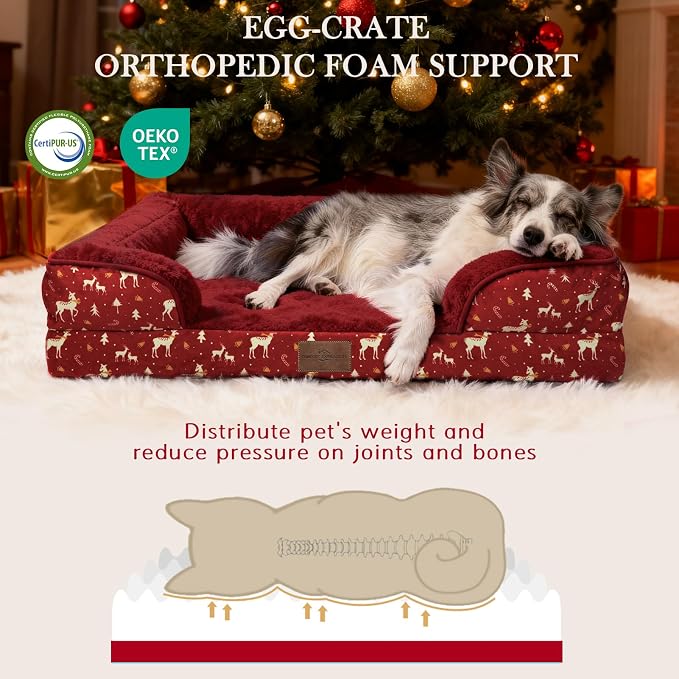 Comfort Expression Orthopedic Dog Bed for Extra Large Dogs 42x30 Inch, Waterproof Egg Crate Foam XL Pet Bed, Gifts for Christmas, Dog Couch with Washable Cover & Non-Slip Bottom, Christmas Red