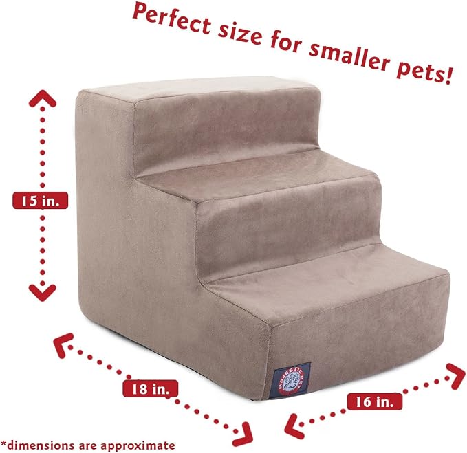Majestic Pet 3 Step Suede Portable Dog Stairs for Small Dogs to get on Bed Supports 25 lbs or Less – Dog Steps for High Bed with Machine Washable Cover – Pet Stairs for Cats Stone