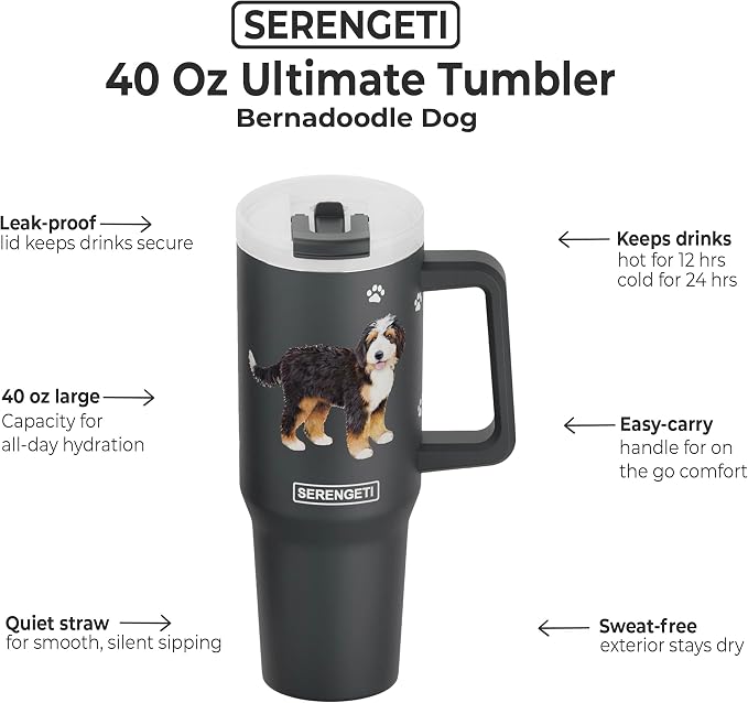 SERENGETI 40 Oz Ultimate Tumbler with Handle and Straw - Vacuum Insulated Tumbler with Straw and Lid - Stainless Steel Travel Mug for Pet Lovers - 3D Designs of your favorite Dog (Bernadoodle)