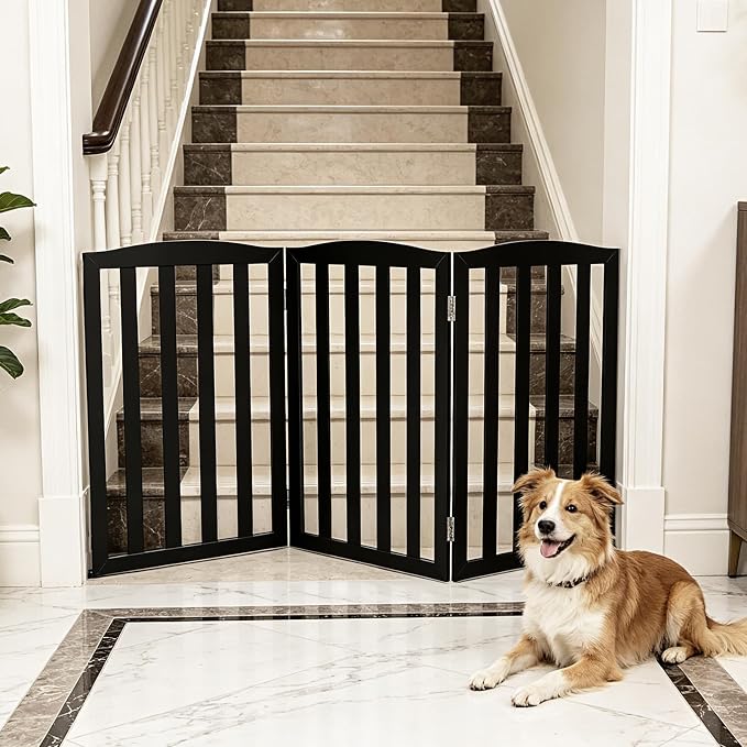 Freestanding Dog Gate Indoor,Doggie Gate Foldable Pet Gates for Doorways,Stairs or Hallways, Wooden Black Pet Gate for the House, Pet Fence,32 "Height-3 Panels