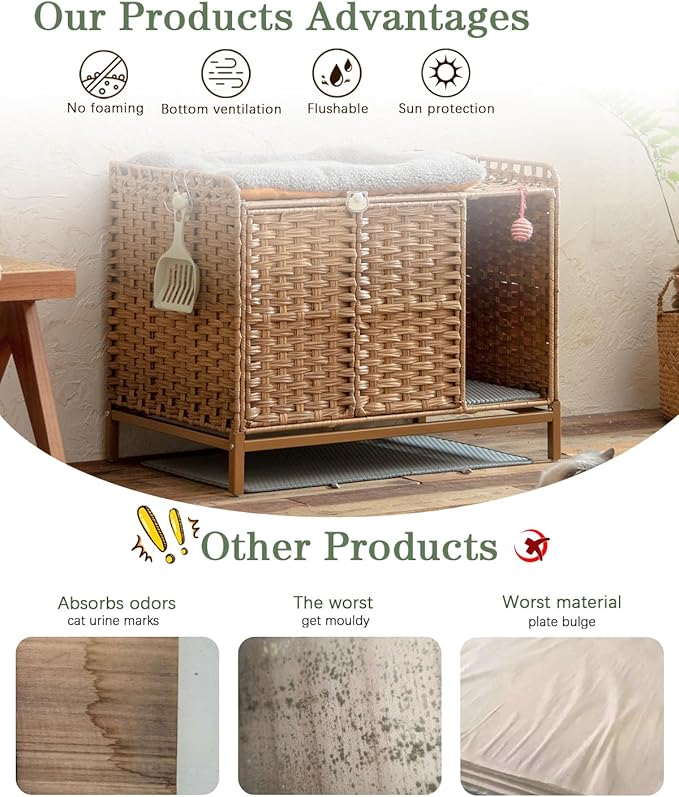 SETVSON Cat Litter Box Enclosure Furniture with Divider, Handwoven Rattan Litter Box with Mat, 31.2 x 19.6 x 24.2 Inches, Metal Heightened Feet, Hidden Cat House for Living Room, Bedroom (Natural)