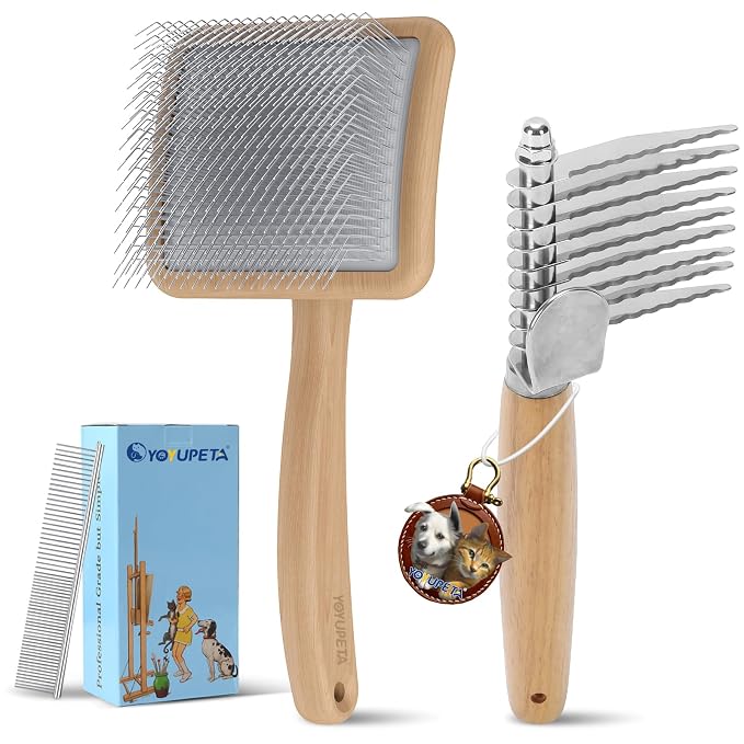 Dog Slicker Brush for Goldendoodles & Poodles - 3-in-1 Dematting Kit with Long Pin Slicker Brush & Dematting Comb - Deep Grooming Tool for Long Haired, Curly Coats, Wooden Handle, Natural