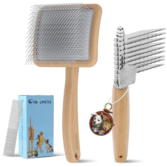 Dog Slicker Brush for Goldendoodles & Poodles - 3-in-1 Dematting Kit with Long Pin Slicker Brush & Dematting Comb - Deep Grooming Tool for Long Haired, Curly Coats, Wooden Handle, Natural