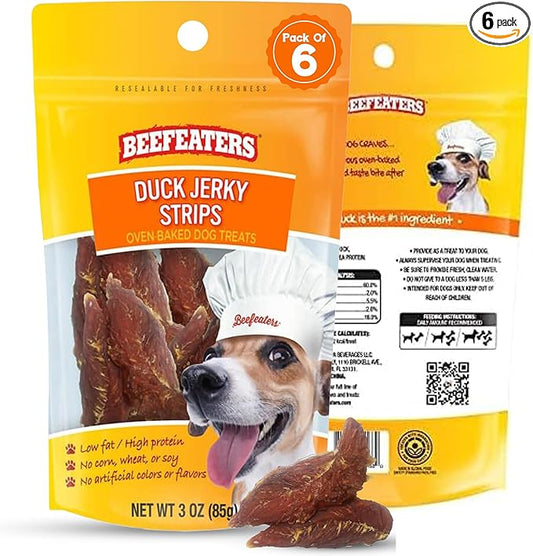 Beefeaters Duck Jerky Strips for Dogs 3oz (Pack of 6), Oven-Baked High Protein Dog Treats Duck Jerky - Low Fat Grain-Free Dog Snacks - No Corn, Wheat or Soy - Chewy Jerky Treats for Training & Rewards