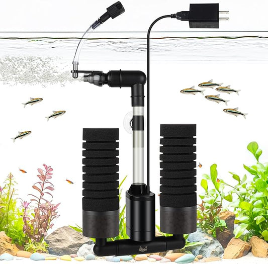 AQQA Electric Sponge Filter for Aquarium, Quiet USB Powered Breeding & Shrimp Filter with Bio Ceramic Media, Adjustable Air Intake & 360° Rotatable Outflow (110V Adapter Included) (S)