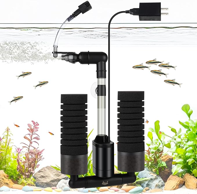 AQQA Electric Sponge Filter for Aquarium, Quiet USB Powered Fish Tank Sponge Filter for 15-55 Gal with Bio Ceramic Media, Shrimp Fry Safe Breeding Filter, Adjustable 360° Outflow, Submersible Filter