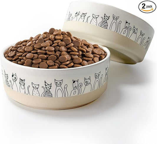 Ceramic Cat Bowls，6.1inch Raised Cat Bowls with Cute Pattern for Small and Medium Breed Dogs,2 Pack Cats Food and Water Bowl Set,Weighted Pet Dishes Dishwasher Safe