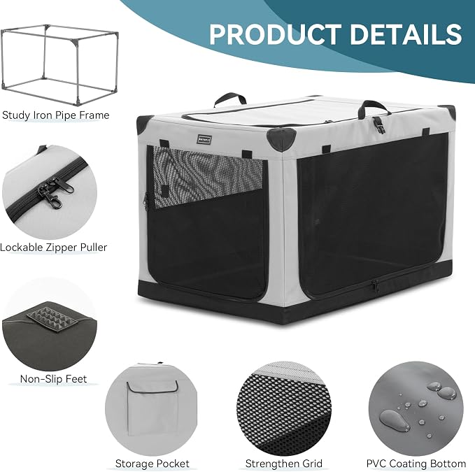 PETSFIT 36" Soft Portable Dog Crate – Patented Spiral Sturdy Frame, Collapsible Travel Kennel for Medium & Large Dogs, 3 Mesh Door, Lockable Zippers, Indoor & Car Use Gray