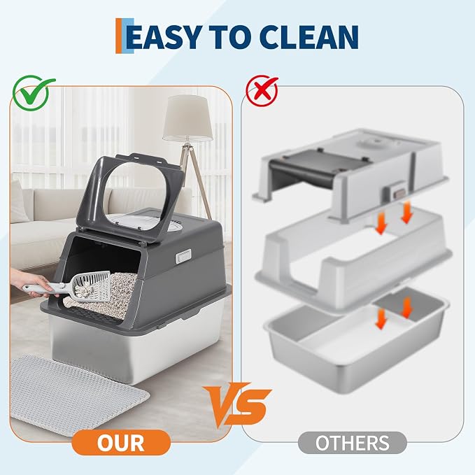 Stainless Steel Cat Litter Box with Lid, Extra Large Covered Metal Litter Box for Big Cats, Removable&Enclosed Design,Non-Stick&Odor-Resistant, Easy Clean, with Scoop&Litter Collecting Mat,Dark Grey