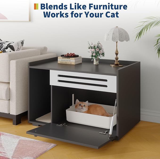 GarveeLife Cat Litter Box Enclosure Furniture Hidden Litter Box Cabinet Indoor Cat Washroom Pet House Dog Proof Hideaway Kitty Flip-down Opening Litter Box Enclosure - Black
