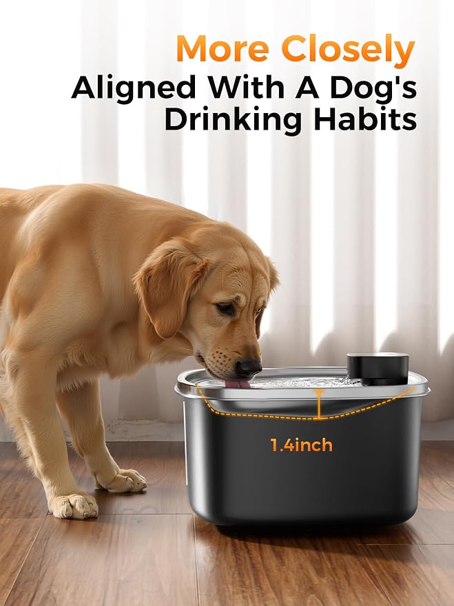 Dog Cat Water Fountain Doggy Spout Water Bowl, Stainless Steel, Large Dog, Fresh Flow, 10L Pet Dispenser with Deeper Wider Drinking Area, LED Window, Multi-Filtration - Wireless 1Filter