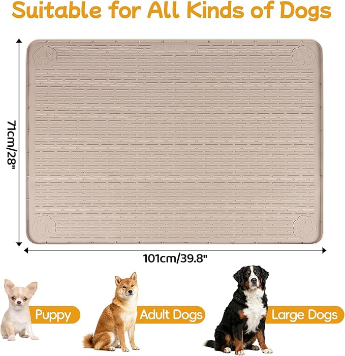 Dog Food Mat, 40" x 28" Large Silicone Mat Dog Feeding Mat with Raised Edge Non-Slip Pet Feeding Mat for Food and Water Bowl, Easy to Clean, Floor Protection (Khaki)
