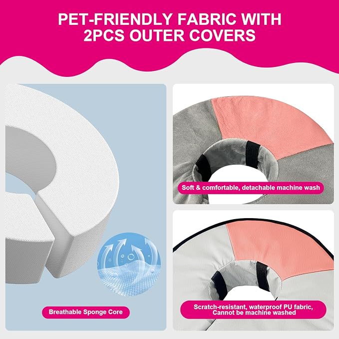 Sponge Core Dog Cat Cone Collar for After Surgery Recovery, Inflatable Dog Cone Alternative, Lainergie Dogs Donut Collar Adjustable with 2PCS Cover for Large Medium Small Dogs Cats (Grey+Pink, S)
