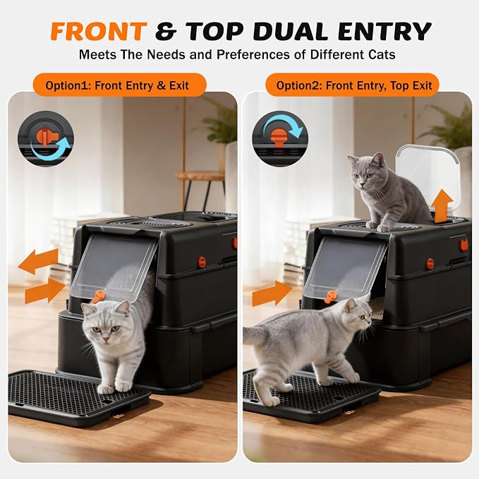 Stainless Steel Litter Box with Lid: XL Extra Large Cat Litter Box for Big Cats, Enclosed Kitty Litter Boxes with Drawer, High Sided Metal Cat Box with Scoop, Front & Top Entry, Odor Free, Non-Stick