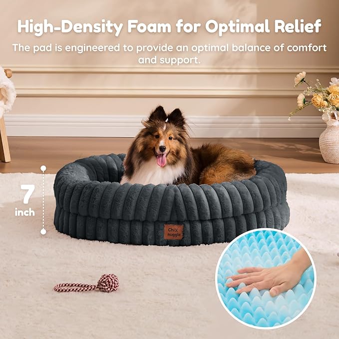ChiXnuggle Orthopedic Dog Bed for Medium Dogs, Waterproof Faux Rabbit Fur Dog Couch with Egg Crate Foam Support and Washable Removable Cover, Bolster Pet Sofa with Non-Slip Bottom, 30x24x7, Dark Grey