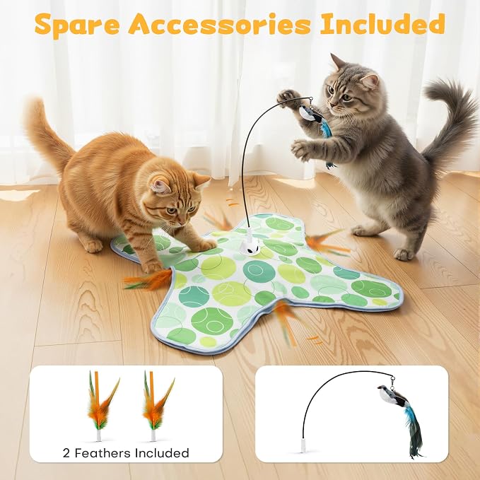 Interactive Cat Toys with Bird, Hide and Seek Cat Toy, 2 in 1 Automatic Moving Concealed Feathers for Indoor Cats, Non-Slip Suction, Touch Activated, USB Rechargeable, Green