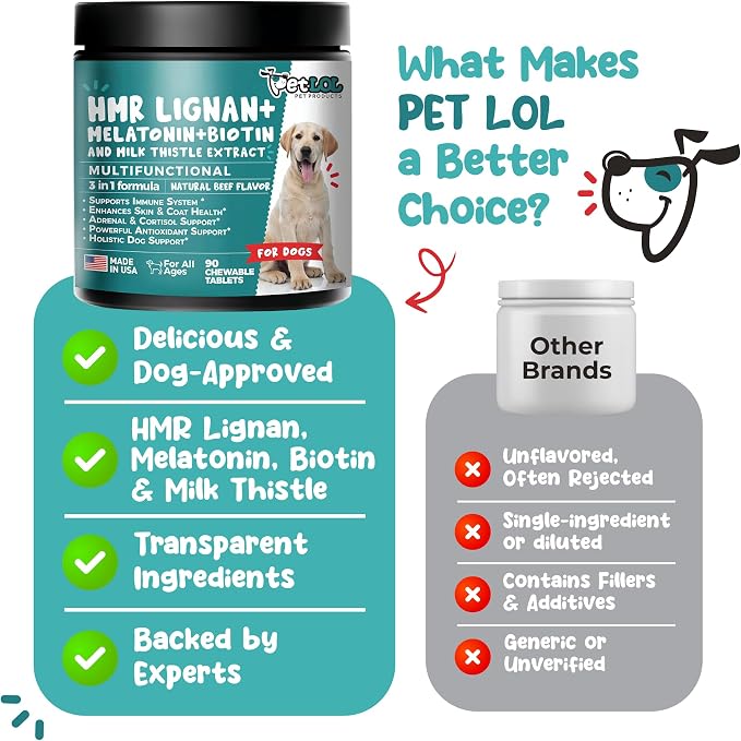 HMR Lignan + Melatonin + Biotin + Milk Thistle for Dogs | 4-in-1 Formula | Adrenal Support & Normal Cortisol Levels | Skin, Coat, & Digestive Health | 90 Chewable Tablets | Natural Beef Flavor