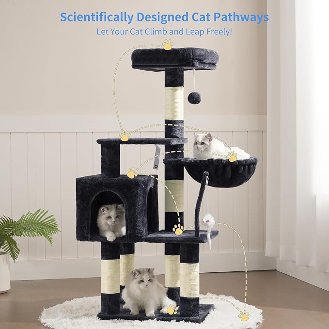 Heybly Cat Tree with Toy, Cat Tower condo for Indoor Cats, Cat House with Padded Plush Perch, Cozy Hammock and Sisal Scratching Posts, Smoky Gray HCT004SG