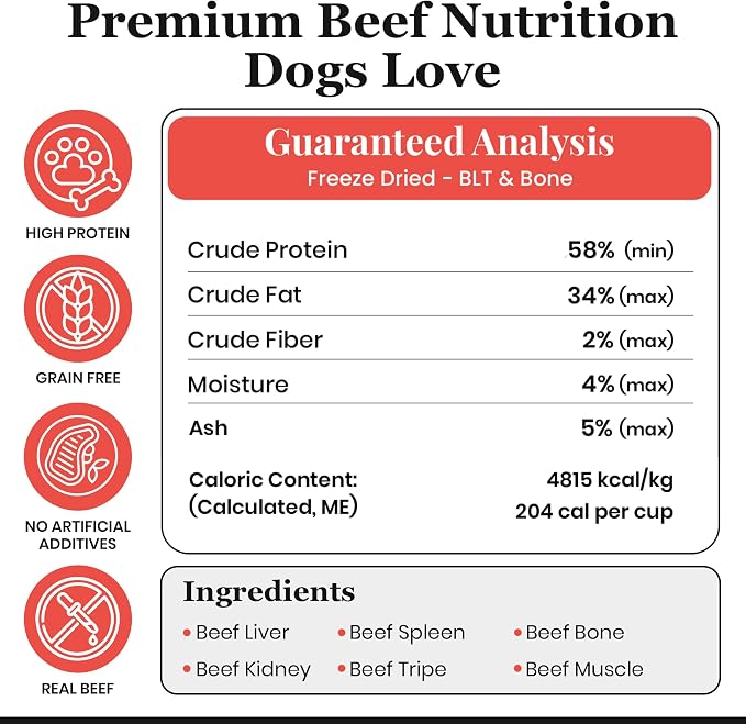 Freeze Dried Raw BLT & Bone Dog Food (8 Oz), Beef Liver and Tripe Recipe with Ground Bone, High Protein Freeze Dried Dog Food and Topper for Dog's of All Life Stages, Made in USA