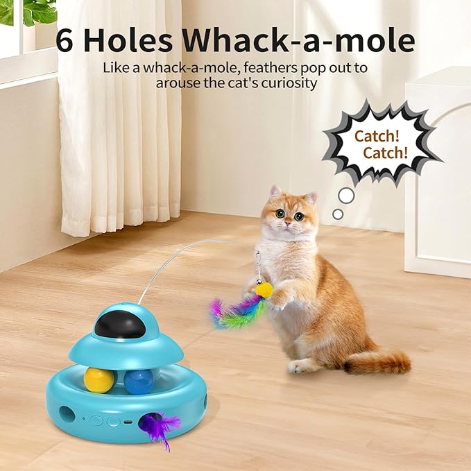MOHAYA Cat Toys,4-in-1 Automatic Kitten Toy for Bored Indoor Adult Cats,lectric Flying Butterfly,Whack a Mole,Feather Track Balls,Blue