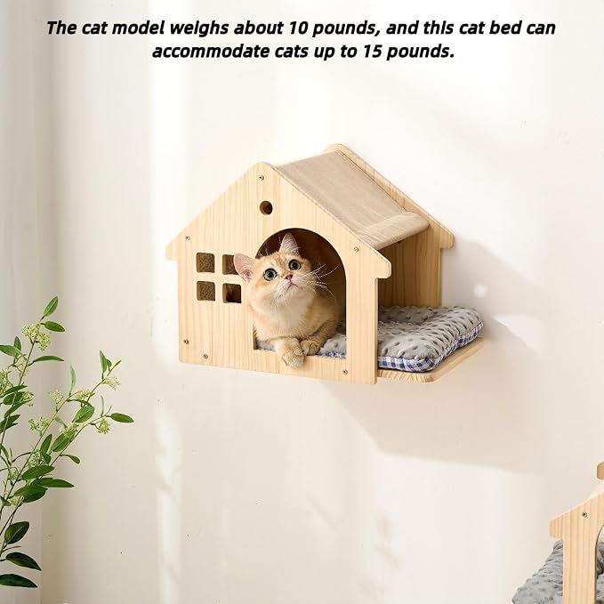 SHENGOCASE 2-Pack Cat Wall House, Wall-Mounted Shelves Perch Furniture Set with 3 Steps, Natural Wood, Washable Cat Cushions