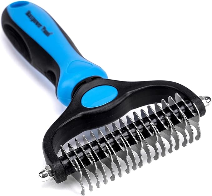 Pet Grooming Brush - Double Sided Shedding and Dematting Undercoat Rake Comb for Dogs and Cats,Extra Wide, Blue, Dog Grooming Brush, Dog Shedding Brush (A. Grooming Brush)