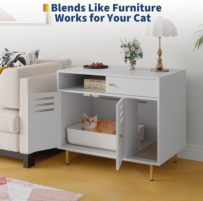 Garvee Cat Litter Box Furniture Easy-Clean Hidden Cats Litter Box Enclosed Cat Box Cabinet Enclosure Furniture with Side Entry for Indoor Living Room Bedroom